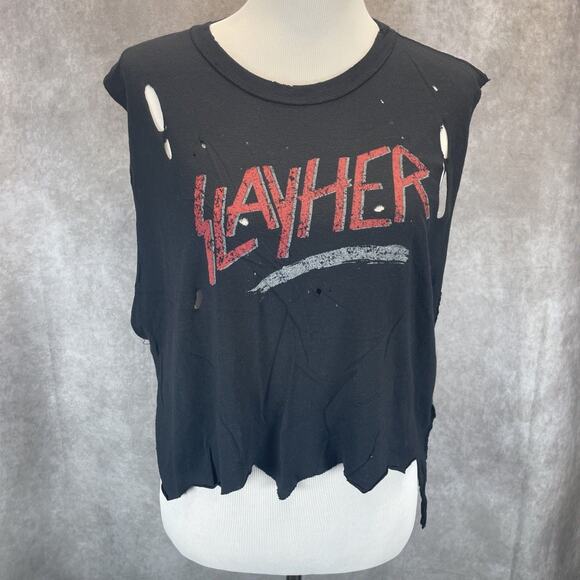 UNIF Slayher Distressed Cut Off  T-Shirt Top Black US Size L Cropped Made in USA - Picture 1 of 5